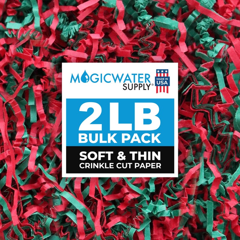 MagicWater Supply Soft & Thin Crinkle Cut Paper - 2 LB - Green & Red - Paper Shred Filler for Gift Wrapping, Basket Filling, Birthdays, Weddings, Anniversaries, Valentines Day, and other occasions - Image 1
